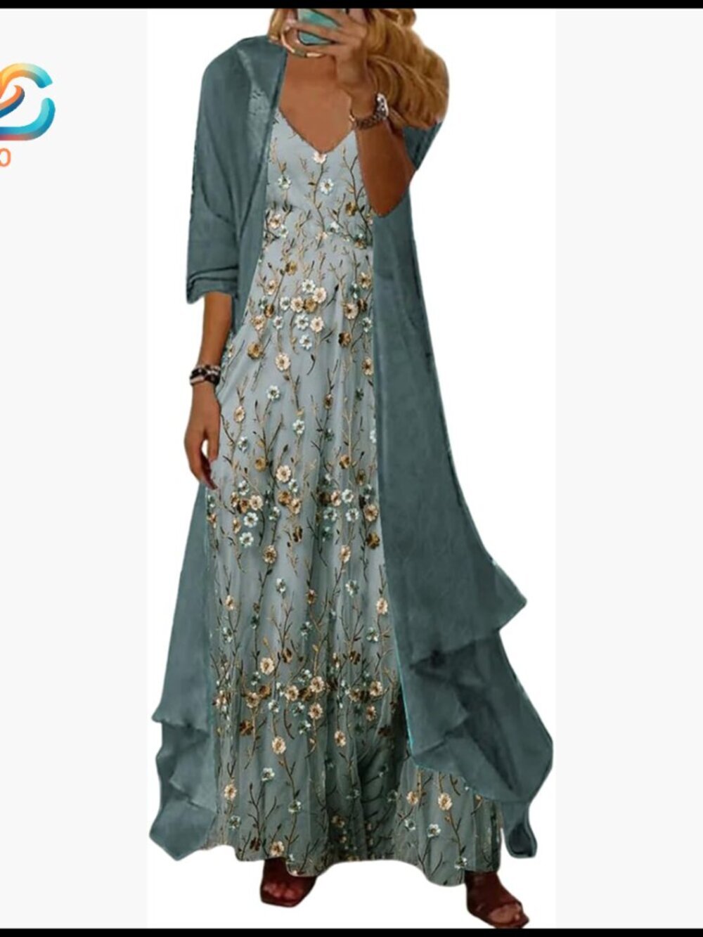 Maxi Dress Set with Sheer Cardigan, Sleeveless Floral, X-Large